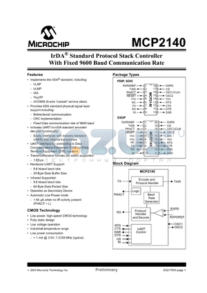 MCP2140-ISS datasheet - IrDA^ Standard Protocol Stack Controller With Fixed 9600 Baud Communication Rate