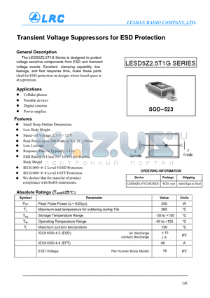 LESD5Z6.0T1G datasheet - Transient Voltage Suppressors for ESD Protection