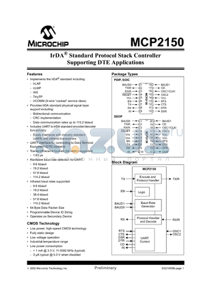 MCP2150 datasheet - IrDA^ Standard Protocol Stack Controller Supporting DTE Applications