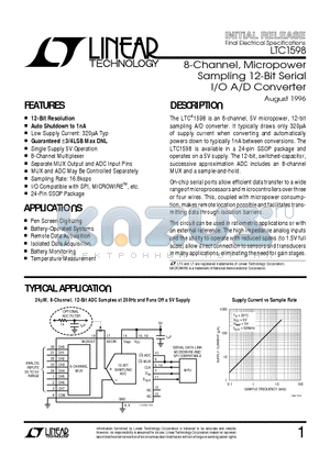 LTC1598IG datasheet - 8-Channel, Micropower Sampling 12-Bit Serial I/O A/D Converter