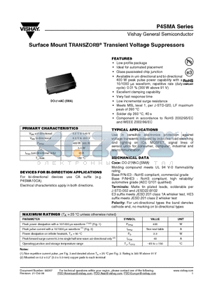P4SMA170A datasheet - Surface Mount TRANSZORB^ Transient Voltage Suppressors