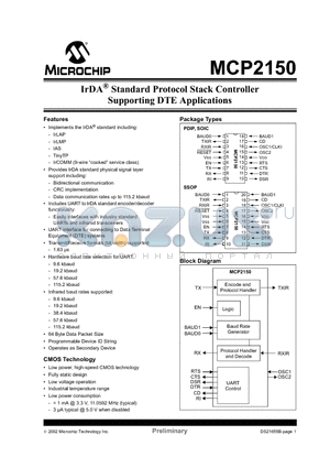 MCP2150-I/SO datasheet - IrDA^ Standard Protocol Stack Controller Supporting DTE Applications