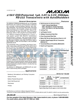 MAX324 datasheet - a15kV ESD-Protected, 1uA, 3.0V to 5.5V, 250kbps, RS-232 Transceivers with AutoShutdown