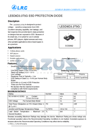 LESD8D3.3T5G datasheet - ESD PROTECTION DIODE Cellular phones audio Digital cameras