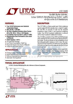 LTC1599ACN datasheet - 16-Bit Byte Wide, Low Glitch Multiplying DAC with 4-Quadrant Resistors