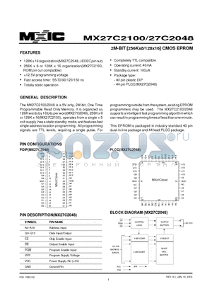 MX27C2100PC-15 datasheet - 2M-BIT [256Kx8/128x16] CMOS EPROM