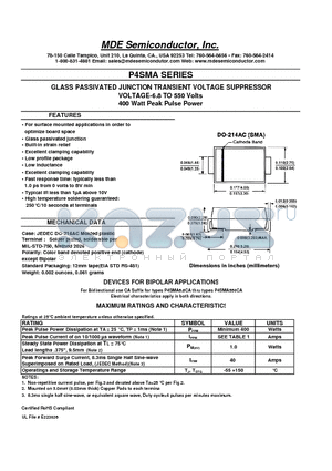 P4SMA170CA datasheet - GLASS PASSIVATED JUNCTION TRANSIENT VOLTAGE SUPPRESSOR