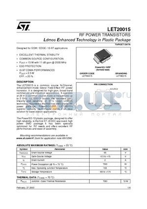 LET20015 datasheet - RF POWER TRANSISTORS Ldmos Enhanced Technology in Plastic Package