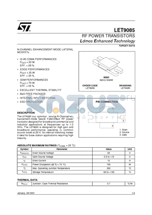 LET9085 datasheet - RF POWER TRANSISTORS Ldmos Enhanced Technology