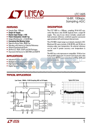 LTC1605AIN datasheet - 16-Bit, 100ksps, Sampling ADC