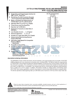 MAX3243CDW datasheet - 3-V TO 5.5-V MULTICHANNEL RS-232 LINE DRIVER/RECEIVER WITH - 15-kV ESD (HBM) PROTECTION
