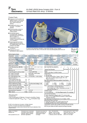 LEV200A4AAA datasheet - KILOVAC LEV200 Series Contactor With 1 Form X Contacts Rated 500 Amps, 12-900Vdc