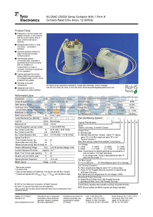 LEV200A4ANA datasheet - KILOVAC LEV200 Series Contactor With 1 Form X Contacts Rated 500 Amps, 12-900Vdc