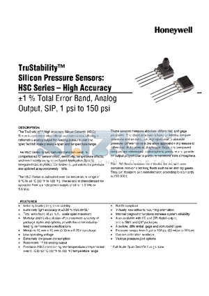HSCSDRN001PGAC5 datasheet - TruStability silicon Pressure Sensors: HSC Series-High Accuracy -1% total Error band,Analog output,SIP,1 psi to 150 psi