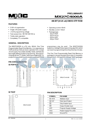 MX27C4000APC-90 datasheet - 4M-BIT [512K x8] CMOS OTP ROM