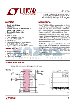 LTC1609ISW datasheet - 16-Bit, 200ksps, Serial ADC with Multiple Input Ranges