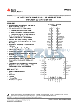 MAX3243ECDBRE4 datasheet - 3-V TO 5.5-V MULTICHANNEL RS-232 LINE DRIVER/RECEIVER WITH a15-kV IEC ESD PROTECTION