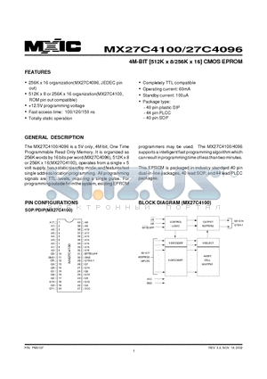 MX27C4096PC-12 datasheet - 4M-BIT [512K x 8/256K x 16] CMOS EPROM