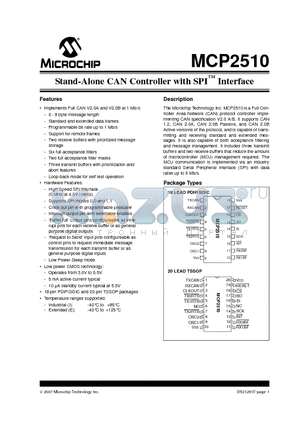 MCP2510T-/P datasheet - Stand-Alone CAN Controller with SPI Interface