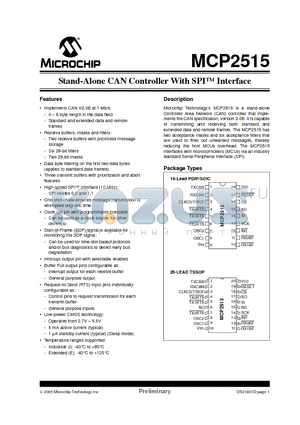 MCP2515-E/P datasheet - Stand-Alone CAN Controller With SPI Interface