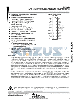 MAX3243IDW datasheet - 3-V TO 5.5-V MULTICHANNEL RS-232 LINE DRIVER/RECEIVER