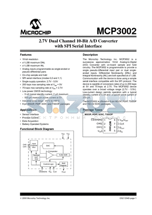 MCP3002-I/SN datasheet - 2.7V Dual Channel 10-Bit A/D Converter with SPI Serial Interface