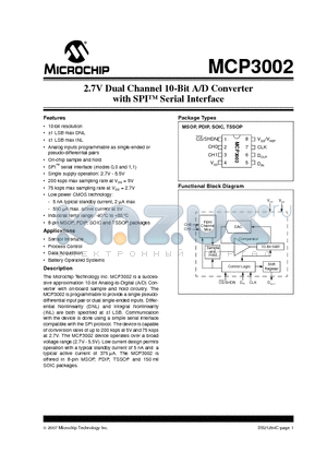 MCP3002T-I/MS datasheet - 2.7V Dual Channel 10-Bit A/D Converter with SPI Serial Interface