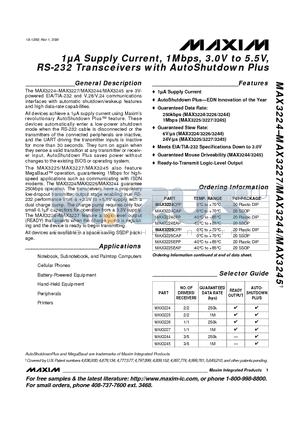 MAX3244 datasheet - 1uA Supply Current, 1Mbps, 3.0V to 5.5V, RS-232 Transceivers with AutoShutdown Plus