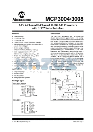 MCP3004T-I/P datasheet - 2.7V 4-Channel/8-Channel 10-Bit A/D Converters with SPI Serial Interface