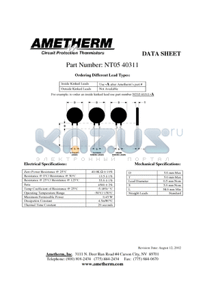 NT0540311 datasheet - Circuit Protection Thermistors