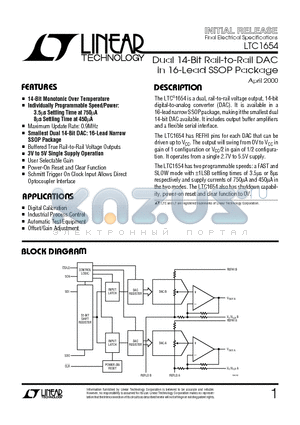 LTC1654 datasheet - Dual 14-Bit Rail-to-Rail DAC in 16-Lead SSOP Package