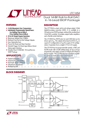 LTC1654CGN datasheet - Dual 14-Bit Rail-to-Rail DAC in 16-Lead SSOP Package