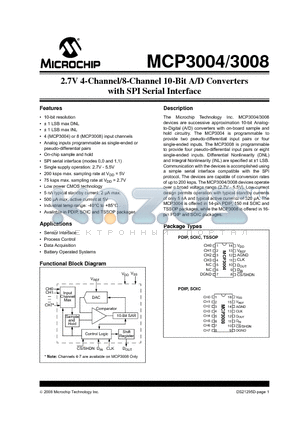 MCP3008T-I/P datasheet - 2.7V 4-Channel/8-Channel 10-Bit A/D Converters with SPI Serial Interface