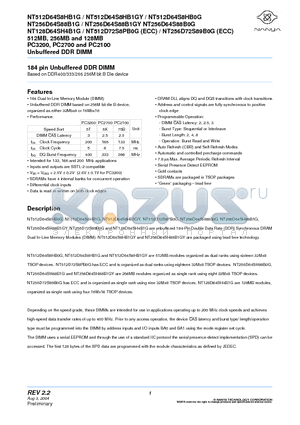 NT128D64SH4B1G datasheet - 184 pin Unbuffered DDR DIMM