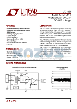 LTC1655IN8 datasheet - 16-Bit Rail-to-Rail Micropower DAC in SO-8 Package