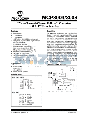 MCP3008-I/P datasheet - 2.7V 4-Channel/8-Channel 10-Bit A/D Converters with SPI Serial Interface