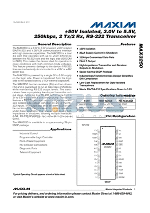 MAX3250_11 datasheet - 50V Isolated, 3.0V to 5.5V, 250kbps, 2 Tx/2 Rx, RS-232 Transceiver