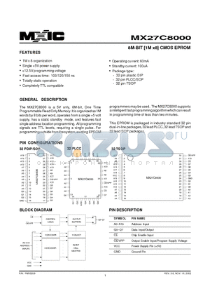 MX27C8000TC-10 datasheet - 8M-BIT [1M x8] CMOS EPROM