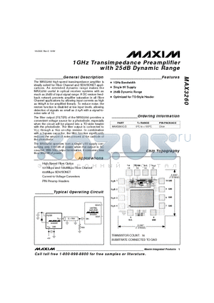 MAX3260 datasheet - 1GHz Transimpedance Preamplifier with 25dB Dynamic Range