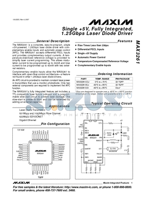 MAX3261E/D datasheet - Single 5V, Fully Integrated, 1.25Gbps Laser Diode Driver