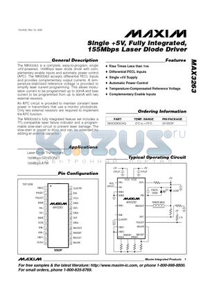 MAX3263 datasheet - Single 5V, Fully Integrated, 155Mbps Laser Diode Driver