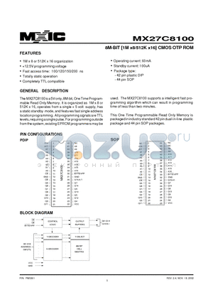 MX27C8100MC-20 datasheet - 8M-BIT [1M x8/512K x16] CMOS OTP ROM