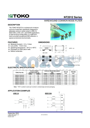 NT2012 datasheet - WIREWOUND COMMON MODE FILTER