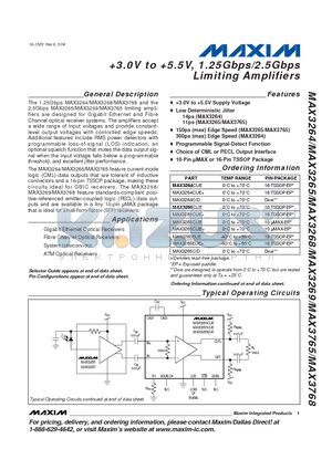 MAX3264 datasheet - 3.0V to 5.5V, 1.25Gbps/2.5Gbps Limiting Amplifiers