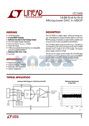 LTC1658 datasheet - 14-Bit Rail-to-Rail Micropower DAC in MSOP