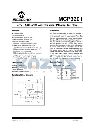 MCP3201-BI/MS datasheet - 2.7V 12-Bit A/D Converter with SPI Serial Interface