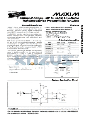 MAX3266 datasheet - 1.25Gbps/2.5Gbps, 3V to 5.5V, Low-Noise Transimpedance Preamplifiers for LANs