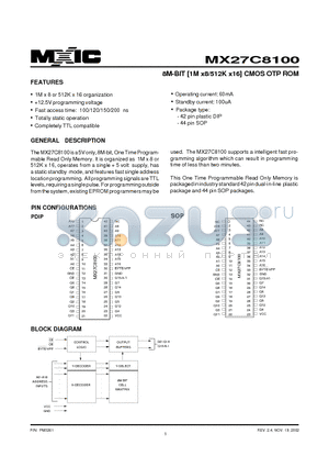 MX27C8100PC-15 datasheet - 8M-BIT [1M x8/512K x16] CMOS OTP ROM