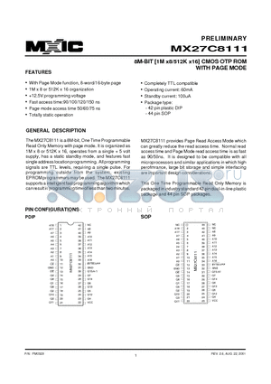 MX27C8111PC-90 datasheet - 8M-BIT [1M x8/512K x16] CMOS OTP ROM WITH PAGE MODE