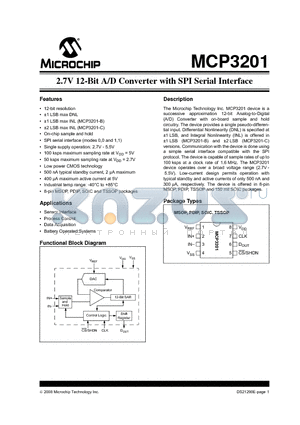 MCP3201-CI/P datasheet - 2.7V 12-Bit A/D Converter with SPI Serial Interface